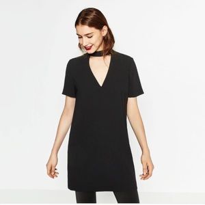 Zara Black V Neck Choker Shift Dress - L